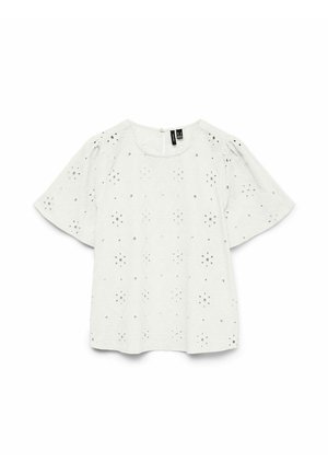 White short-sleeve blouse with eyelet floral cutouts, round neckline, and slight puff sleeves, displayed flat on a white background.