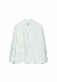 Bílý blazer vyrobený z lehkého materiálu, s klopovým límcem, zapínáním na jeden knoflík a dvěma předními kapsami. Hladký povrch a rafinované střih.