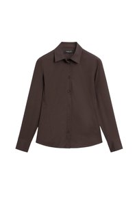 Donkerbruine blouse met lange mouwen, een puntige kraag, sluiting met knopen en een getailleerd ontwerp. Gemaakt van een soepele, lichte stof.