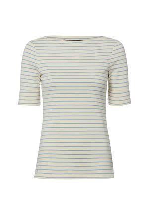 Chemise crème à manches courtes avec de fines rayures horizontales bleues et un large col rond.