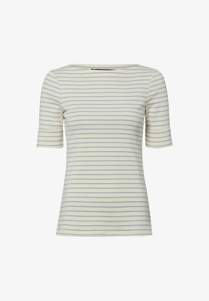 Chemise crème à manches courtes avec de fines rayures horizontales bleues et un large col rond.