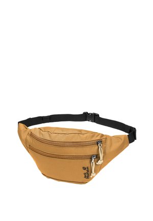 Lichtbruine heuptas met twee afsluitbare vakken en een verstelbare zwarte riem, met het Jack Wolfskin-logo op het voorvak.