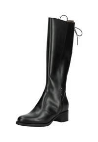 Botte de randonnée noire en cuir, haute, avec un petit talon bloc, une boucle de tirage et des lacets à l'arrière.