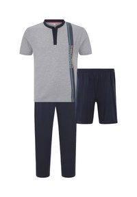 Grey cotton short-sleeve top with a buttoned collar and navy shorts. Features a vertical blue stripe with text accents.