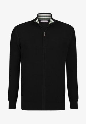 Black zip-up cardigan featuring a textured knit design, ribbed collar with green and white stripes, and two side pockets.