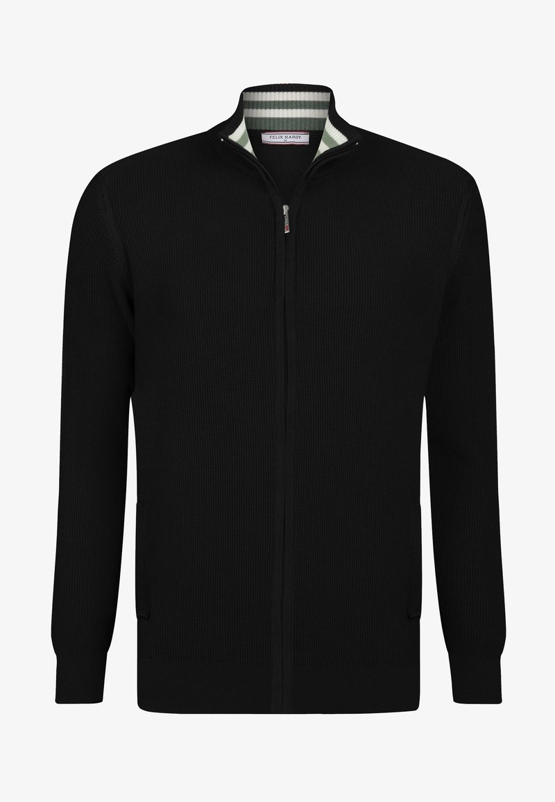 Sort lynlås cardigan med et tekstureret strikdesign, ribbet krave med grønne og hvide striber samt to sidelommer.