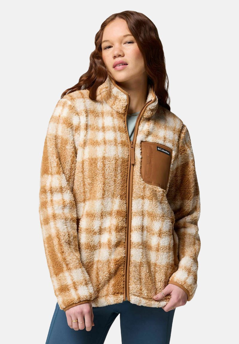 Brown and cream plaid fleece jacket with a high collar, zip closure, and a tan chest pocket. Soft texture and boxy fit.
