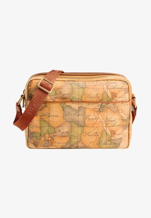 Borsa messenger beige con design della mappa del mondo, chiusura con zip e tracolla regolabile marrone. Superficie testurizzata con colori tenui.