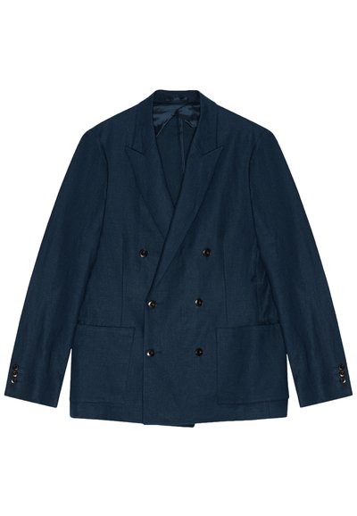 Blazer bleu marine à double boutonnage avec revers crantés, six boutons noirs, deux poches plaquées à l'avant et manches à boutons.
