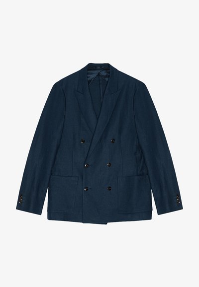 Blazer bleu marine à double boutonnage avec revers crantés, six boutons noirs, deux poches plaquées à l'avant et manches à boutons.