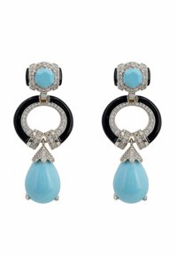 Türkiz és fekete fülbevalók hatszögletű díszítéssel, kör alakú mintákkal és gyémántszerű díszítésekkel. Csepp alakú, fényes kivitelben.