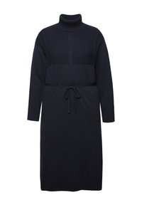 Laivaston sininen neulemekko, jossa on korkeakaulus, pitkät hihat ja narukuja. Mekossa on teksturoitu timanttikuosi vartalolla.