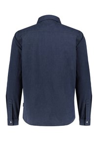 Ciemnoniebieska koszula z długim rękawem, uszyta z miękkiego materiału. Posiada spiczasty kołnierz, mankiety zapinane na guziki oraz zaokrąglony dół. Gładka tekstura, minimalne zdobienia.