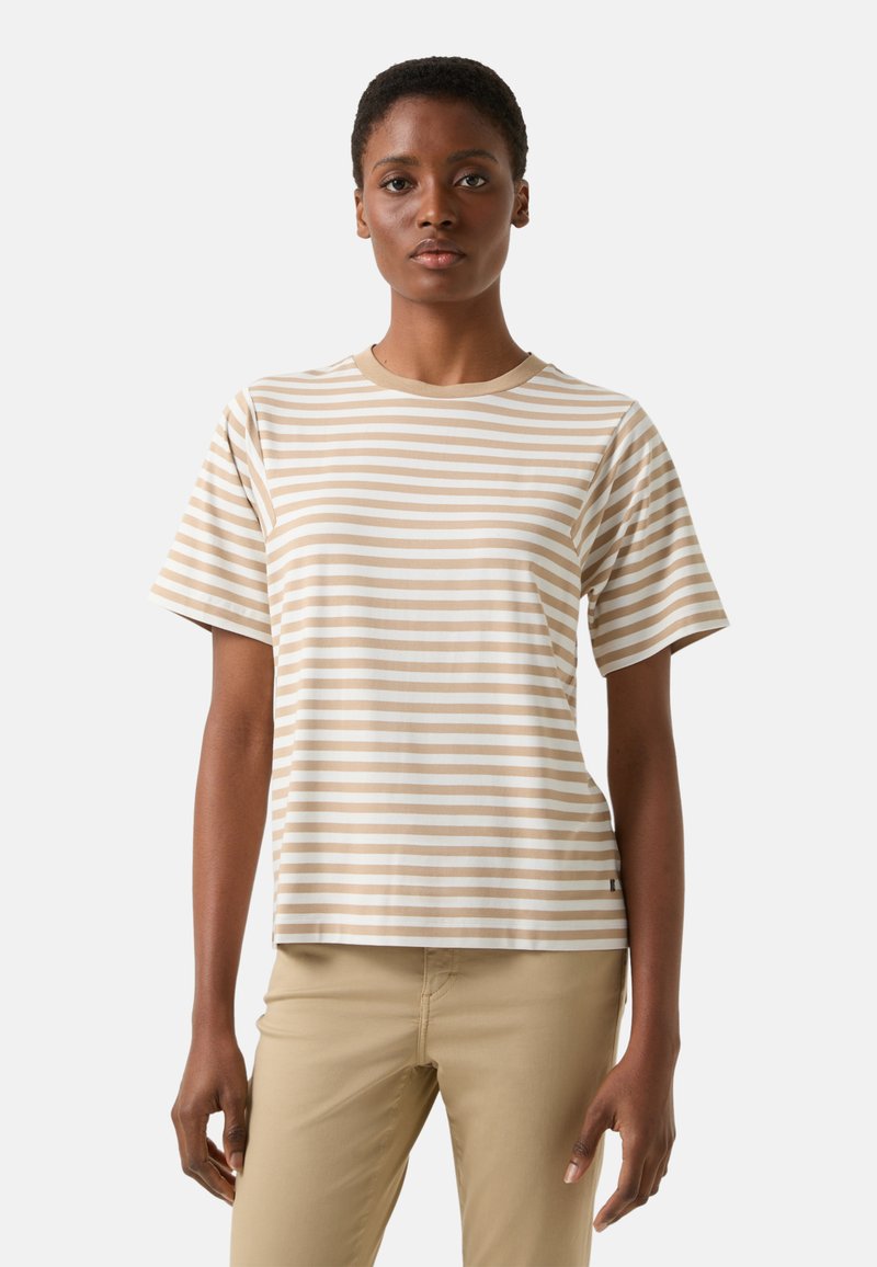Striped t-shirt in light beige and white cotton, featuring a round neckline and short sleeves. Straight cut with minimal hardware details.