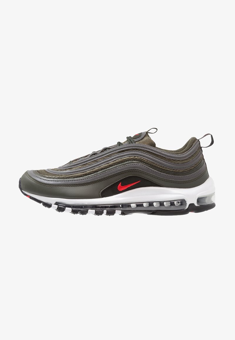 Nike Air Max 97 sneakers in olive green and black, featuring red accents, wavy design lines, air cushioning, and a textured finish.