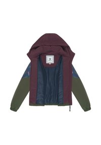Hooded jacka med en vinröd ytterdel, marinblå insida och gröna ärmdekorationer. Har elastiska ärmslut och en logoton på insidan.
