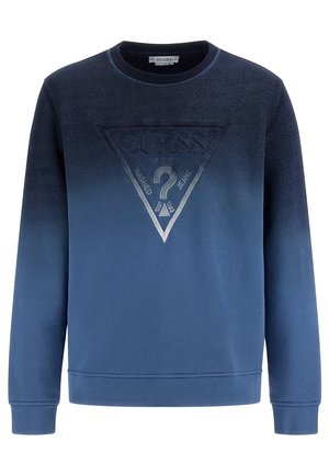 Dunkelblaues Sweatshirt mit einem strukturierten Farbverlauf, das in der Mitte ein großes dreieckiges Logo aufweist. Rippbündchen und -saum, weicher Stoff.