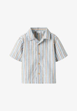 Lühikeste varrukatega nööbitav triiksärk, millel on vertikaalsed triibud sinises, valges, beežis ja pruunis, krae ja puidust nööbid.