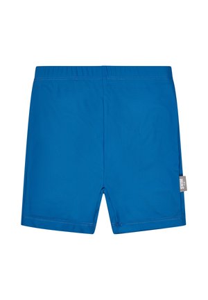 Blue elastic waistband swim shorts with a small gray side tag, shown from the back on a white background.