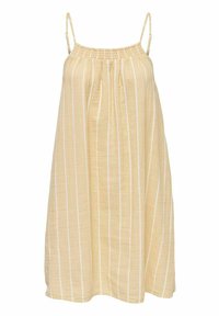 Mouwloze gele jurk met witte verticale strepen, geplooide taille, lichtgewicht stof, vloeiende silhouette en verstelbare dunne bandjes.