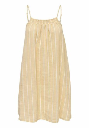 Beigi be rankovėmis su baltomis vertikaliomis juostelėmis, susirinkusi juosmens dalyje, lengvas audinys, sraunus siluetas ir reguliuojamos plonos petnešos.