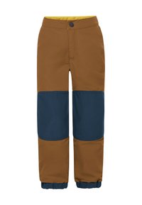 Pantaloni da neve marroni e blu con una superficie liscia, dotati di chiusura con bottone, polsini elasticizzati e blocchi di colore a contrasto sulle gambe.