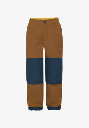 Brown and navy snow pants with a smooth texture, featuring a button closure, elastic cuffs, and contrasting color blocks on the legs.