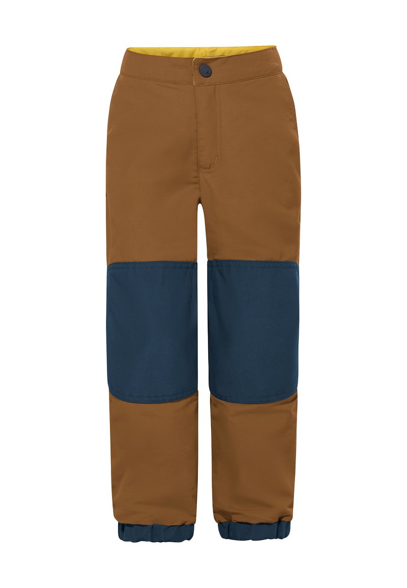 Pantaloni da neve marroni e blu con una superficie liscia, dotati di chiusura con bottone, polsini elasticizzati e blocchi di colore a contrasto sulle gambe.