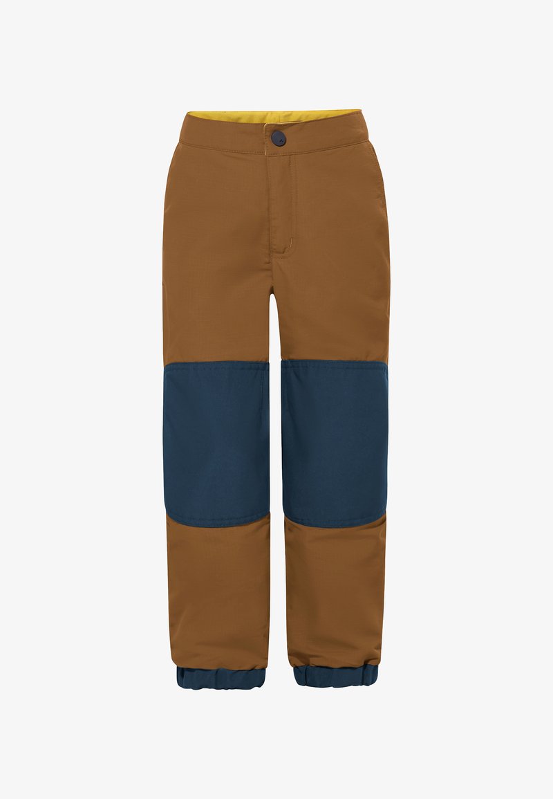 Pantaloni da neve marroni e blu con una superficie liscia, dotati di chiusura con bottone, polsini elasticizzati e blocchi di colore a contrasto sulle gambe.