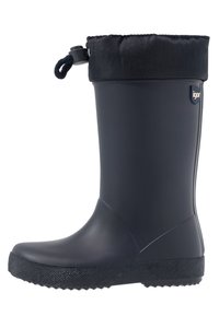 Botte de pluie en caoutchouc bleu foncé avec un bord en tissu noir, dotée d'un cordon de serrage pour un ajustement, semelle noire texturée pour une meilleure adhérence.