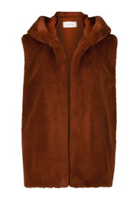 Faux fur vest in rich brown. Features a hood, open front, and softly textured fabric. Hem ends at hip level with a straight cut.