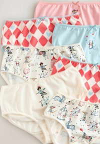Baumwollunterwäsche-Set für Kinder mit Zirkusmotiven, darunter Clowns und Tiere, in Pink, Rot, Blau und Creme mit dekorativer Spitzenborte.