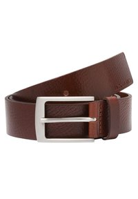 Ceinture en cuir marron avec une texture lisse, boucle rectangulaire en argent et lettrage de marque subtil sur la sangle.