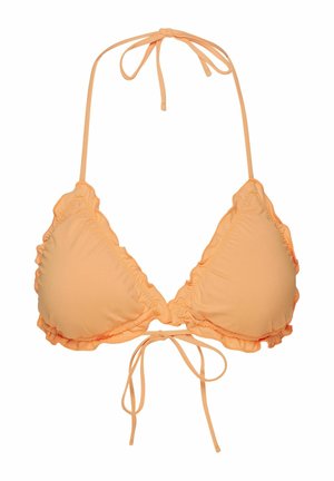 Trójkątny top bikini w jasnopomarańczowym materiale z falbaniastymi brzegami i regulowanymi troczkami dla pewnego dopasowania na szyi i plecach.