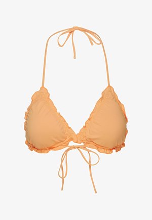 Pomarańczowy top bikini z trójkątnymi miseczkami, falbankami na krawędziach i cienkimi sznureczkami do mocnego wiązania. Wykonany z gładkiej, elastycznej tkaniny.