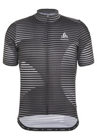 Černý cyklistický dres s krátkým rukávem, vodorovné bílé pruhy, přední poloviční zip a síťovina na spodní části. Na hrudi je logo Odlo.