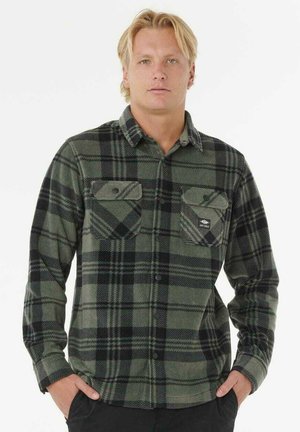 Grün karierte Flanellhemd mit schwarz-grauem Muster, zwei Brusttaschen, Knopfleiste und langen Ärmeln. Weicher Stoff.