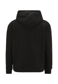 Felpa nera con cappuccio e vestibilità rilassata, realizzata in morbido cotone. Presenta maniche lunghe e fondo a costine senza dettagli frontali.
