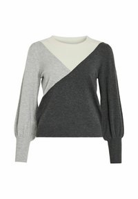 Pull en gris et gris clair avec un coloris en blocs triangulaires, texture douce, col rond et manches bouffantes.