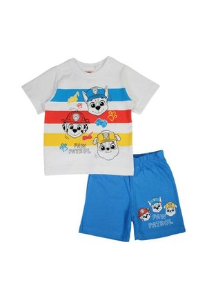 T-shirt blanc avec des rayures rouges, bleues et jaunes présentant des personnages de chien en cartoon. Shorts bleus avec des imprimés de personnages assortis. Matériau en coton.