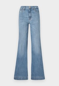 Jeans a zampa d'elefante di colore blu chiaro, realizzati in denim, con vita alta, tasche frontali e bordo con leggera scoloritura per un effetto di texture.