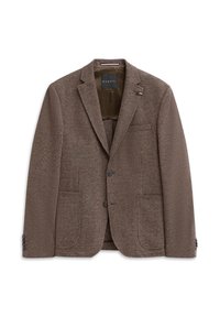 Braun gemusterte Blazer aus strukturiertem Stoff, mit zwei Fronttaschen, einer Brusttasche und Knopfverschluss. Gefüttertes Innere.