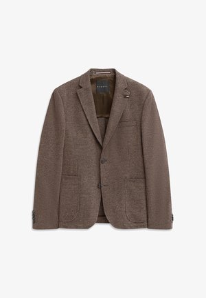 Brown patterned blazer made of textured fabric, featuring two front pockets, a chest pocket, and button closures. Lined interior.