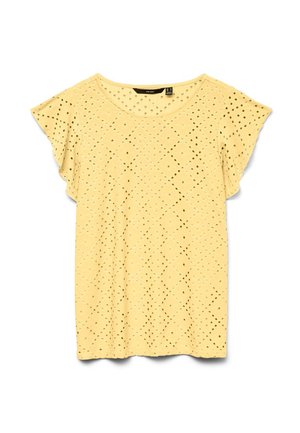 Lichtgele blouse met korte mouwen, ajour diamantpatroon en gerafelde mouwen, ronde halslijn en lichte stof.