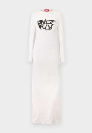 Long-sleeve, white cotton dress featuring a black graphic print “NYC FUN WORKSHOP” at the chest and subtle brand logo near the hem.
