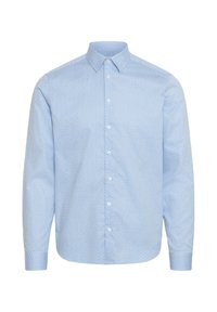 Cămașă butonată de culoare bleu deschis, cu un model geometric, mâneci lungi și guler în formă de evantai. Realizată dintr-un material moale și texturat.