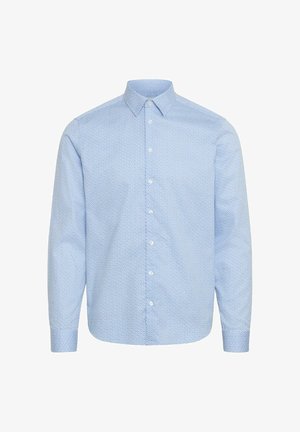 Jasnoniebieska koszula zapinana na guziki z geometrycznym wzorem, długimi rękawami i kołnierzykiem rozłożonym. Wykonana z miękkiej, teksturowanej tkaniny.