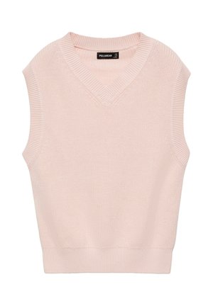 Gilet rose tricoté sans manches avec col en V et col côtelé, emmanchures et ourlet, portant l'étiquette Pull&Bear.