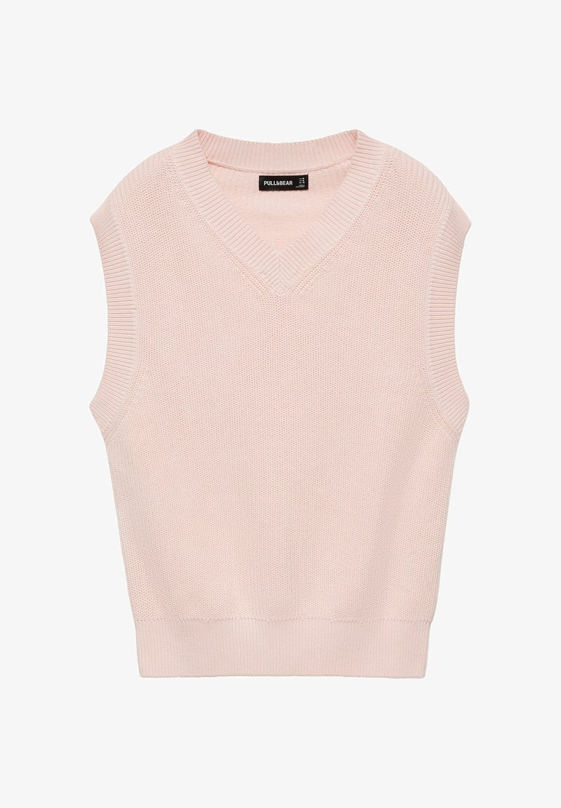 Gilet rose tricoté sans manches avec col en V et col côtelé, emmanchures et ourlet, portant l'étiquette Pull&Bear.
