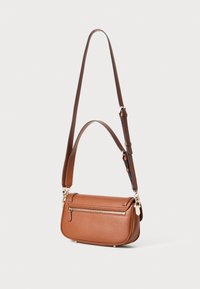 Brown leather shoulder bag with a slim design, a zippered pocket on the front, and a detachable adjustable strap. Gold hardware accents.